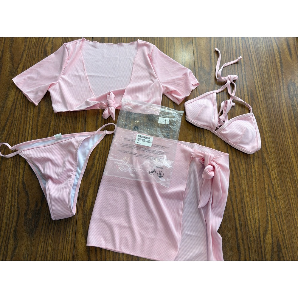 Unbranded 4 Piece Bikini Set Women Large Pink Ribbed Swimsuit with Cover Ups
